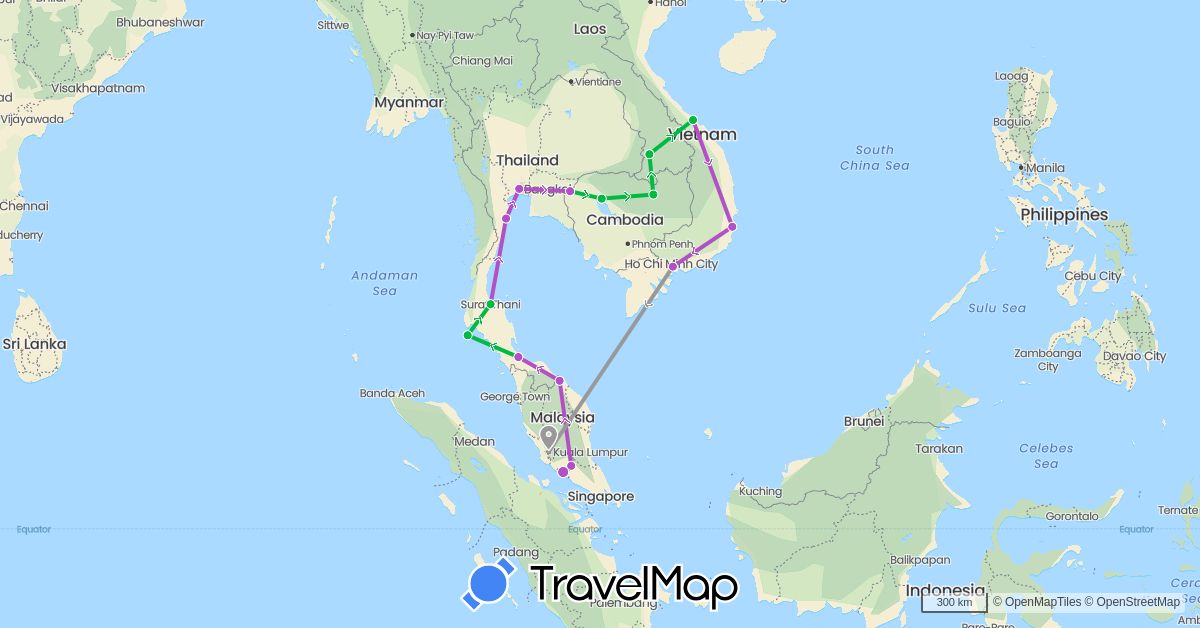 TravelMap itinerary: driving, bus, plane, train in Cambodia, Laos, Malaysia, Thailand, Vietnam (Asia)
